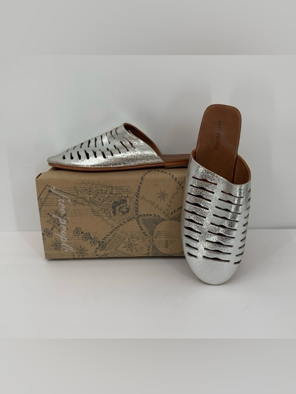 Free People Slice of Sun flat slide shoe mule silver metallic crinkle new 7.5